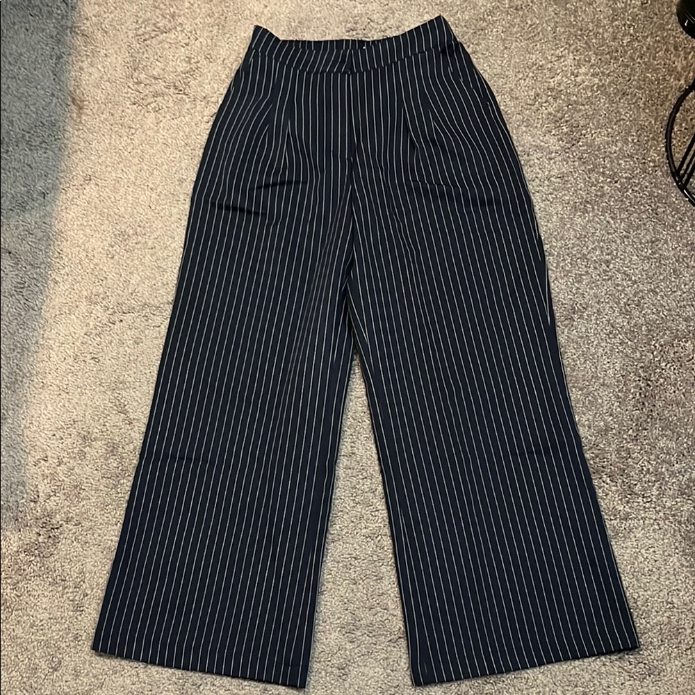 HALARA Navy and White Striped Wide Leg Pants